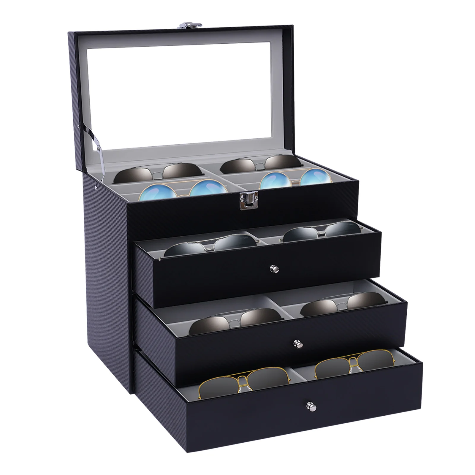 Black PU Leather 4-Layer Sunglasses Organizer Box Display Case with Separate Compartments for Eyewear Storage