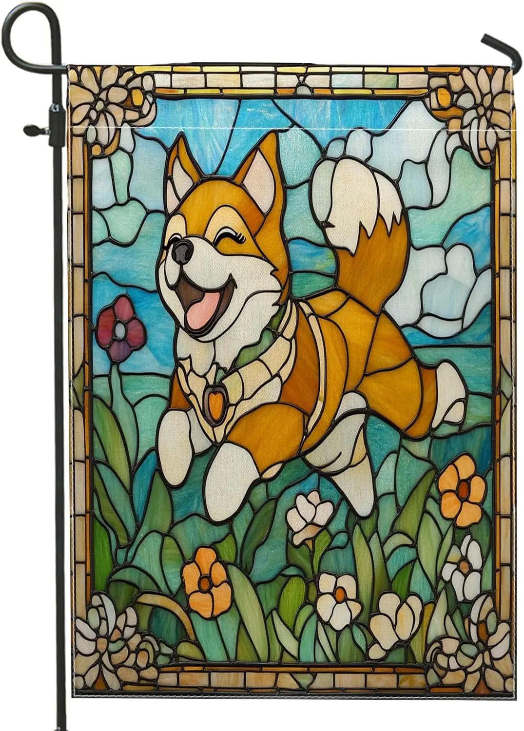 Spring Shiba Inu Dog Garden Flags 12x18 Inch Double Sided for Outside, Fun Puppy Stained Glass Standard Vertical Canvas Hous uui