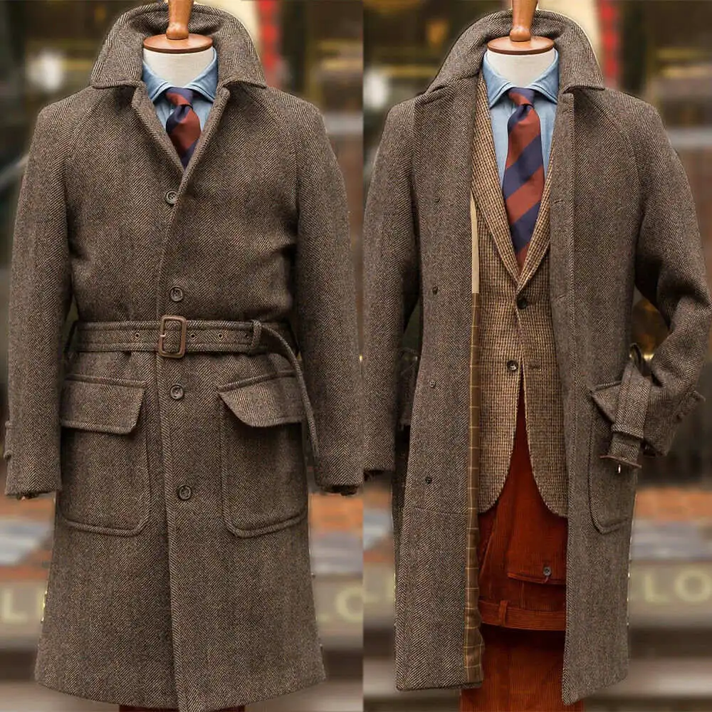 

Herringbone Wool Blend Coat Men Long Overcoat Double Breasted Winter Business Jacket With Belt