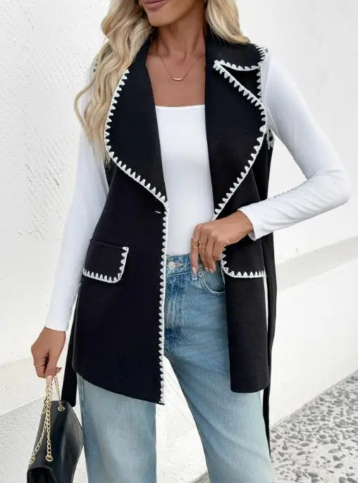 

2025 New Casual Simple Lace Up Cardigan with Contrasting Color and Trimmed Vest Jacket for Women