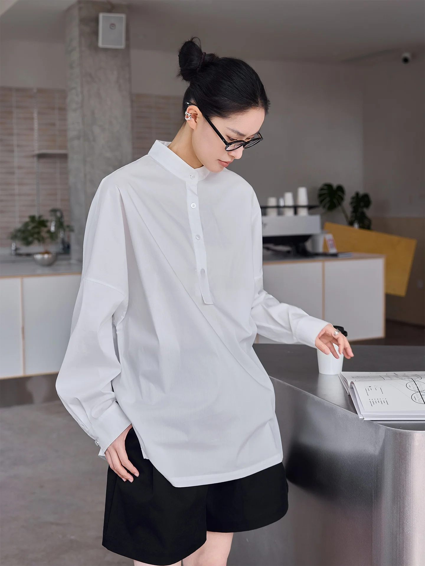 

Jieji Zhang Spring Commute Design Cotton Blend White irt Women's Waist-Cinching Top Casual Sle Loose Fit Long Sve