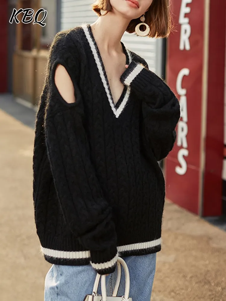 

KBQ Knitting Hollow Out Sweater For Women V Neck Long Sleeve Loose Hit Color Casual Sweaters Female Autumn Fashion Clothing New
