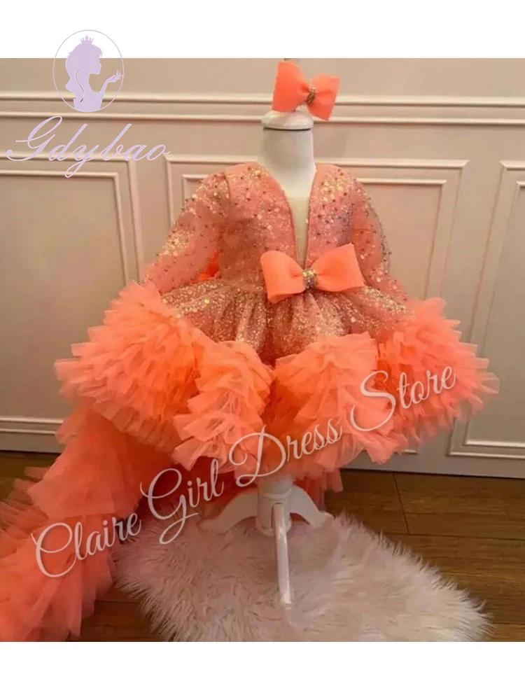 Vestidos de menina de flor laranja personalizados para casamento lantejoulas em camadas com arco mangas completas princesa festa de aniversário vestido de desempenho