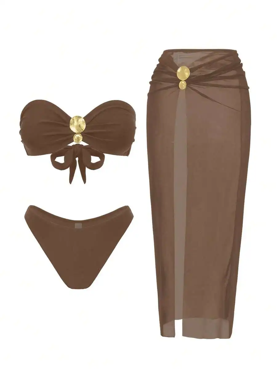 

3 Piece Solid Color Bandeau Bikini Set With Mesh Skirt For Women Summer Beach Swimwear