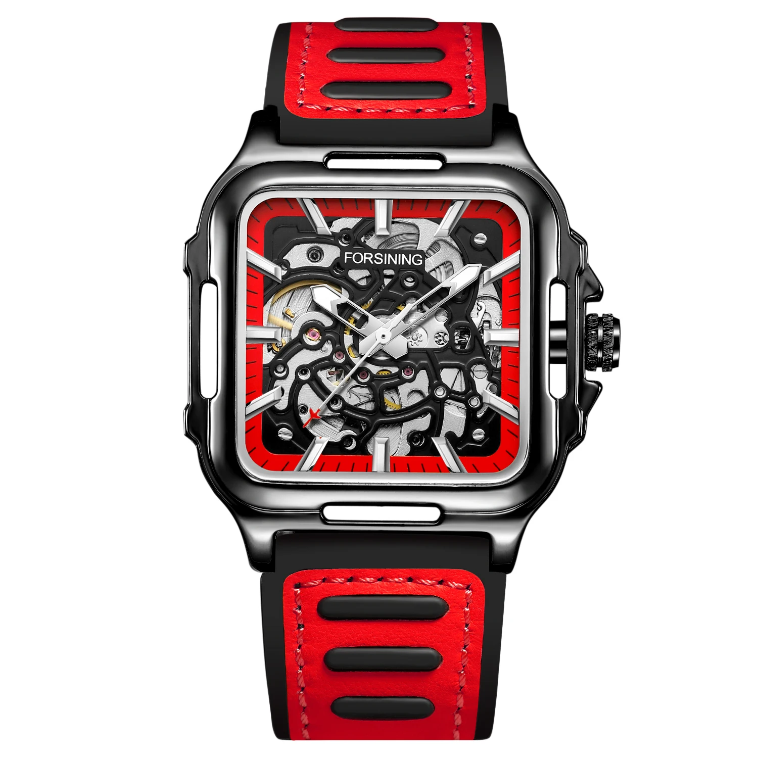 Forsining Hollow Engraving Men's Automatic Mechanical Skeleton Watch Cool Sport Silicone Strap Wristwatches Ideal Gifts