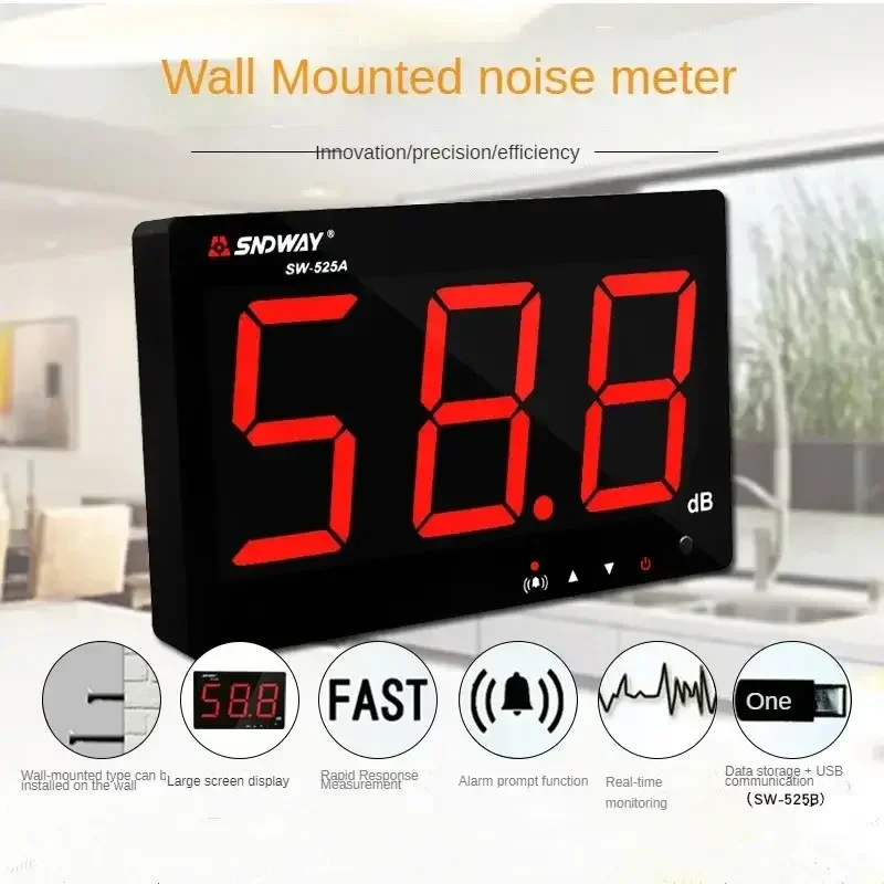 

SW-525A Sound Level Meter Tester 30-130db Large Screen Red LCD Display Wall Hanging Type Decibel Noise Measuring with Alarm
