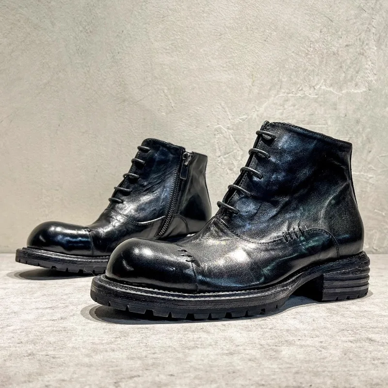 

High End Handmade Genuine Leather Thick-soled Oxford Boots Men's Shoes Outdoor Riding High Top Work Chelsea Ankle Boots Male