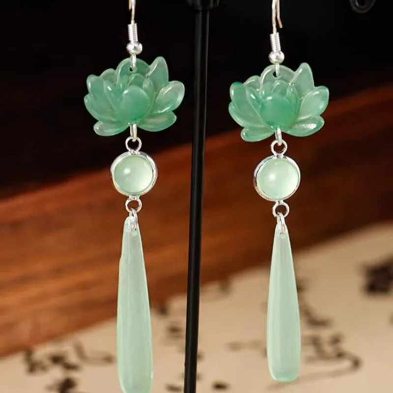 Lotus shaped cats eye stone long drop earrings new Chinese style design for women with traditional Chinese aesthetic perfect for