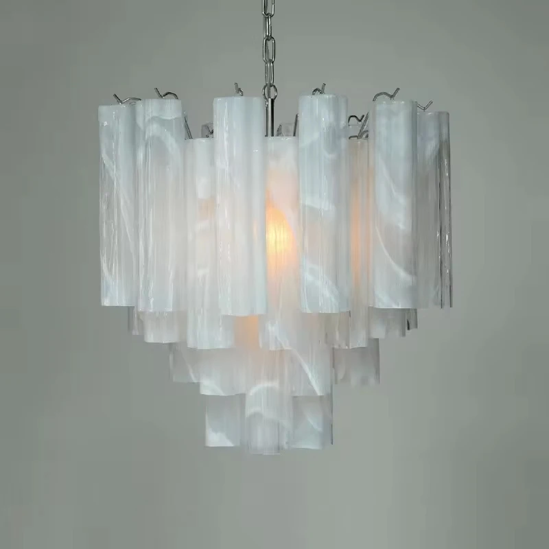 French Art Deco Stained Glass Tube Chandelier Luxury LED E14 Hanging Pendant Light for Living Room Dining Room Foyer Lighting