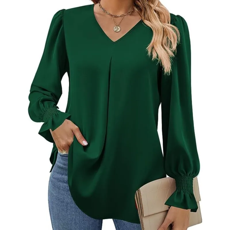 Women\'s New Solid Color Chiffon Shirt V-neck Pullover Flared Long Sleeved Top Shirt Office Lady Elegant Khaki Loose Blouses