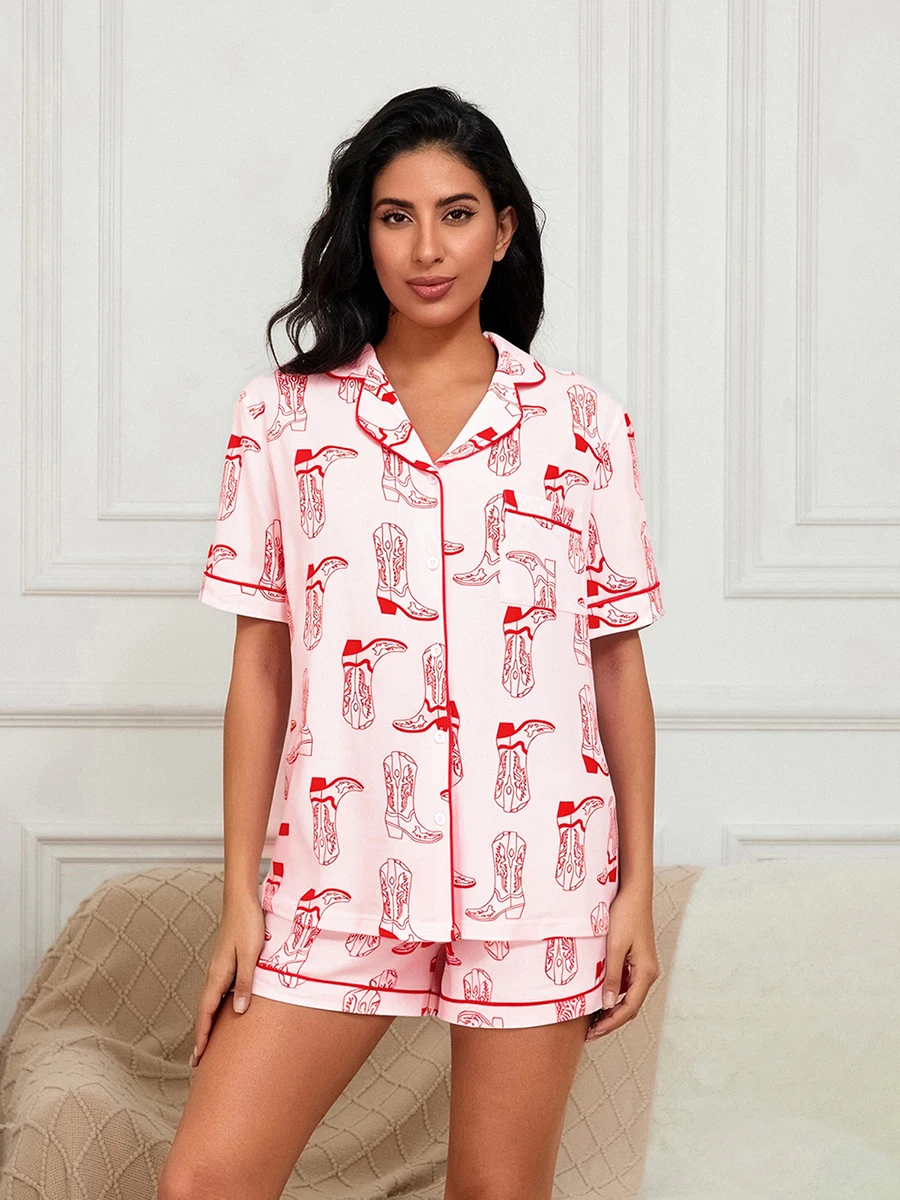 

Women Valentines Day Pajamas Lounge Set Heart Bow Boots Print Short Sleeve Tops And Shorts 2 Piece Loungewear Outfits S M L