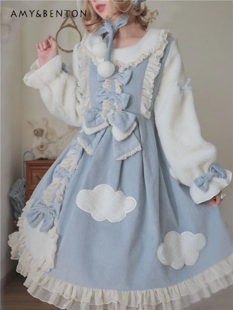 

Autumn Winter New Hot Sale Blue Khaki Doll Collar Long Sleeve Bowknot Lolita Dress Headwear Bustle Three-Piece Set