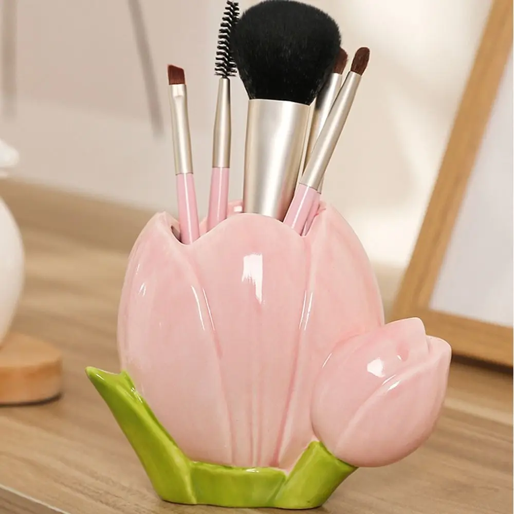 Cute Tulip Flower Pen Holder Retro Aesthetic Makeup Brush Storage Bucket Ceramic Multifunction Stationery Shelf Student