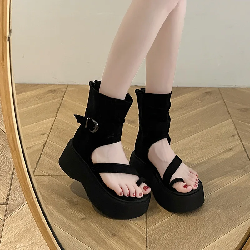 Dark Gothic Hollow Sandals Women Thick Sole Metal Buckle Punk Style Spice Single Shoes Chunky Heel Platform Cross Tied Sandalias