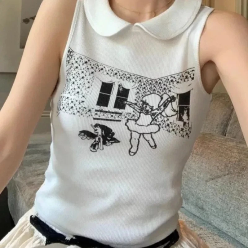 White Waffle Vest Summer Doll Collar Sleeveless Children's Fun Printed Slim Fit Top Millennium Y2k Subculture T-shirts Harajuku