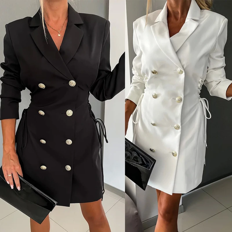 

Women's Fashion Double breasted Lace up Blazer Dress Temperament Commuter Notched Collar Long Sleeve Elegant Work Mini Dress