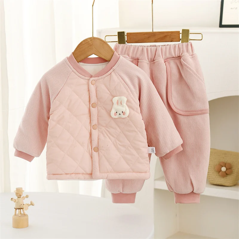 Kids Cartoon Print Warm Suits Children Winter Outdoor Thick Plush Coats+Pants 2Pc Outfits Baby Comfortable Thermal Clothes Sets