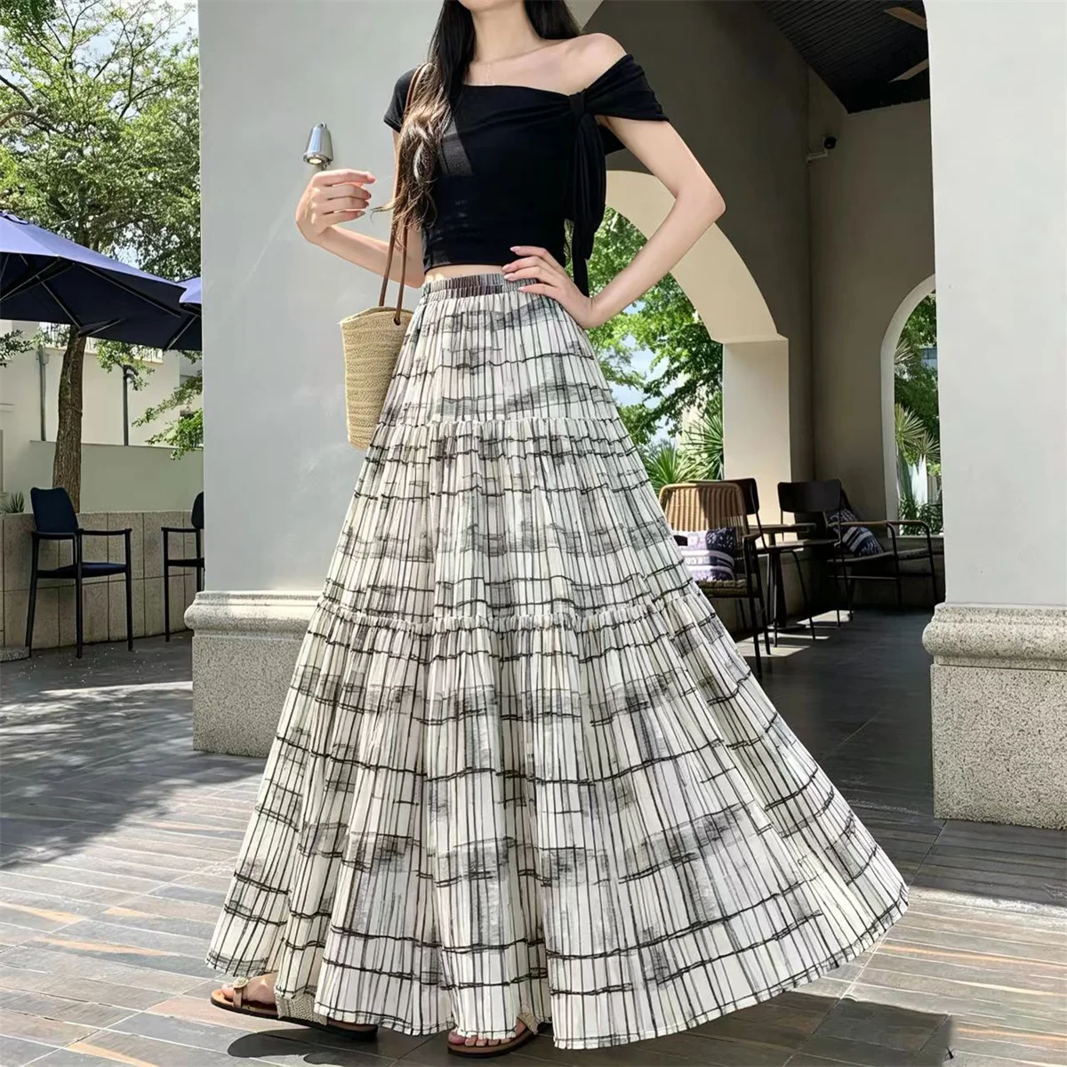 New Arrival Versatile Plaid Print Breathable and Flowing Chiffon Full-Skirted Women's High Waist Patchwork Tiered Midi Skirts