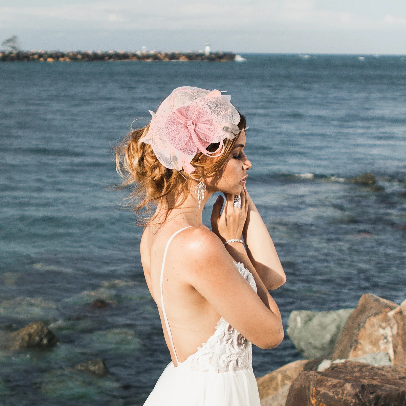 

Flower Hairband Ladies Pink Bridal Accessories Fancy Fascinator Hat Tea Party Wedding Banquet Gauze Headwear Women Hair