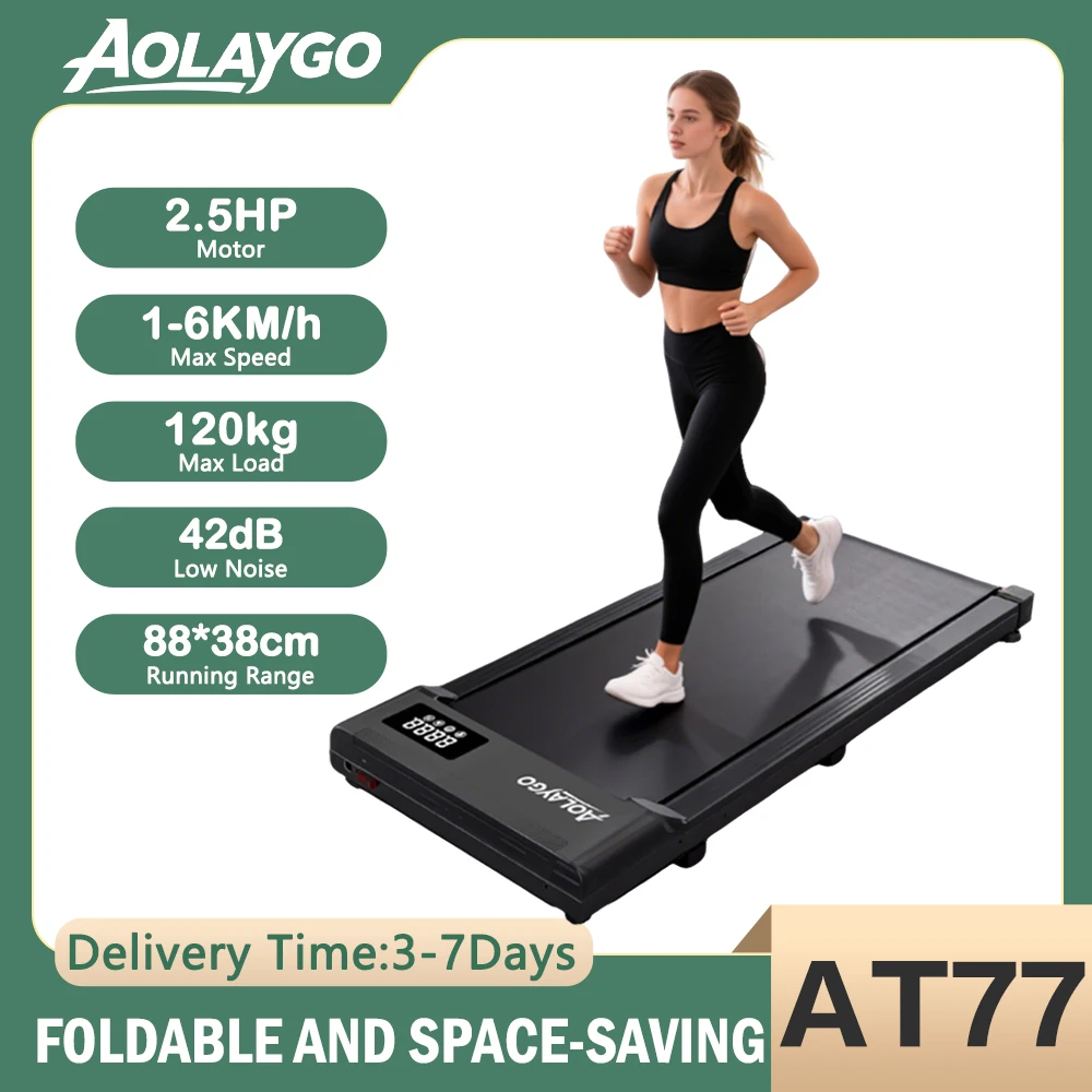 AOLAYGO AT77 Laufband mit 2,5 PS bürstenlosem Motor, 1-6 km/h Geschwindigkeit, geräuscharm 42 dB, rutschfeste Stoßdämpfung, Laufband für Zuhause und Büro