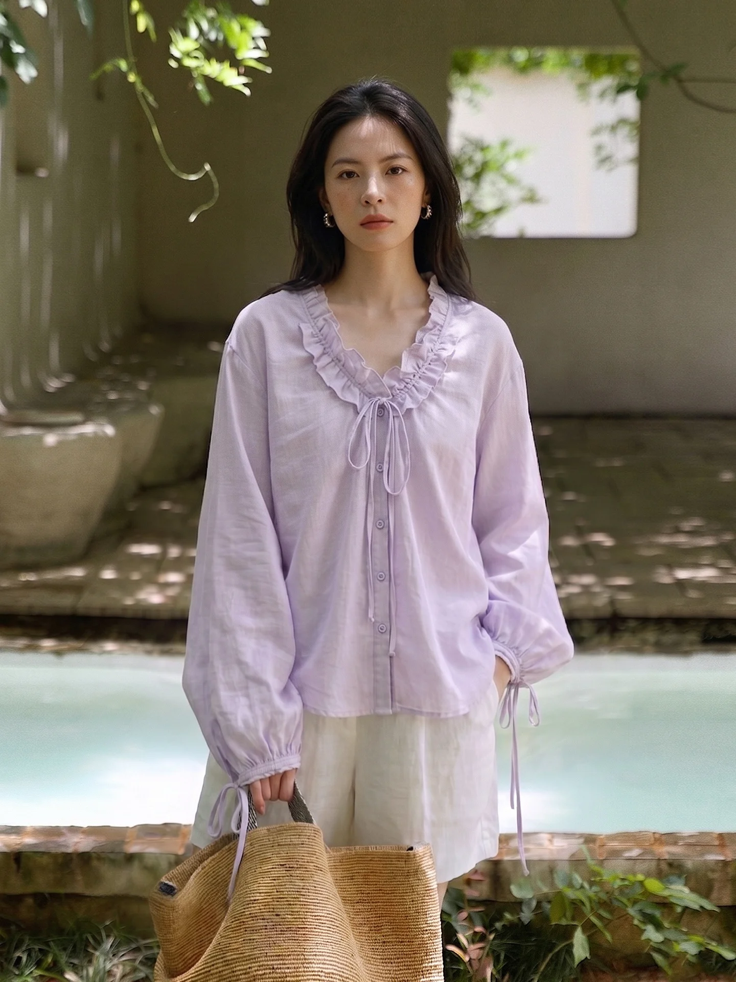 

V-Neck Long Sleeve Linen Shirt Women Spring Summer Breathable Loose Fit Casual Style Button down Top Leaf Design