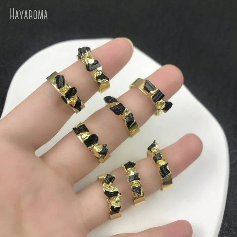 10Pcs Wholesale  Gold Color Black Tourmaline Free Form Three Stone Ring RM45160