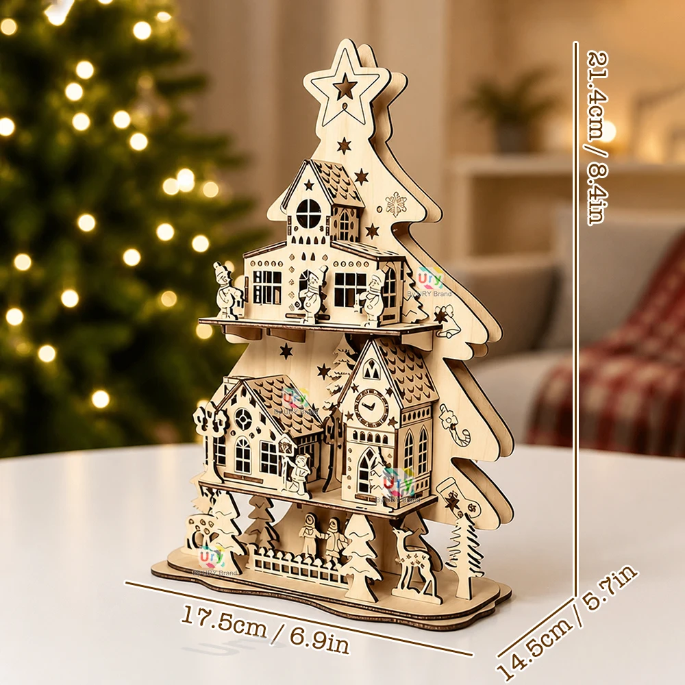 URY 3D Wooden Puzzle Christmas Tree Reindeer Forest Treehouse Assembly DIY Toys Model Desk Decoration Gifts for Adults