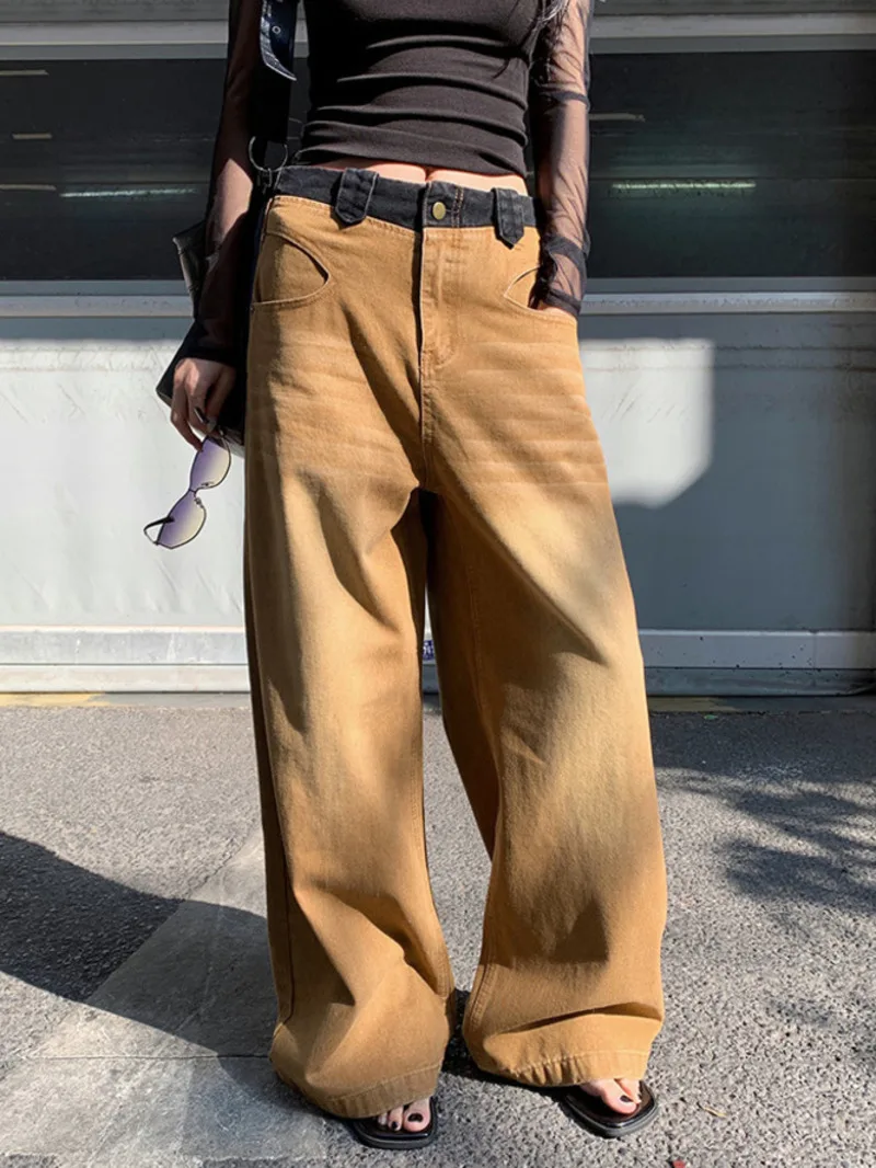Fashion Khaki Scratch Wide Leg Jeans Women's Loose Denim Long Pants Spring Summer New 7OE08