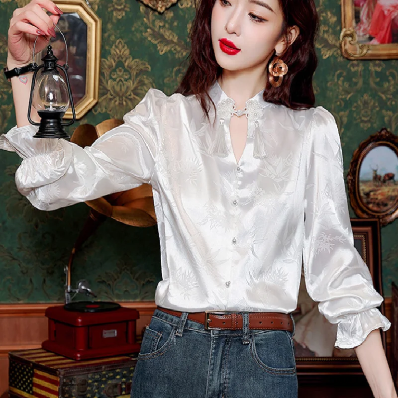 Chinese Blouse Female National Shirts Lightweight Satin Jacquard Blouse Retro Stand Collar  Button Blous Pleated Ruffle Sleeves