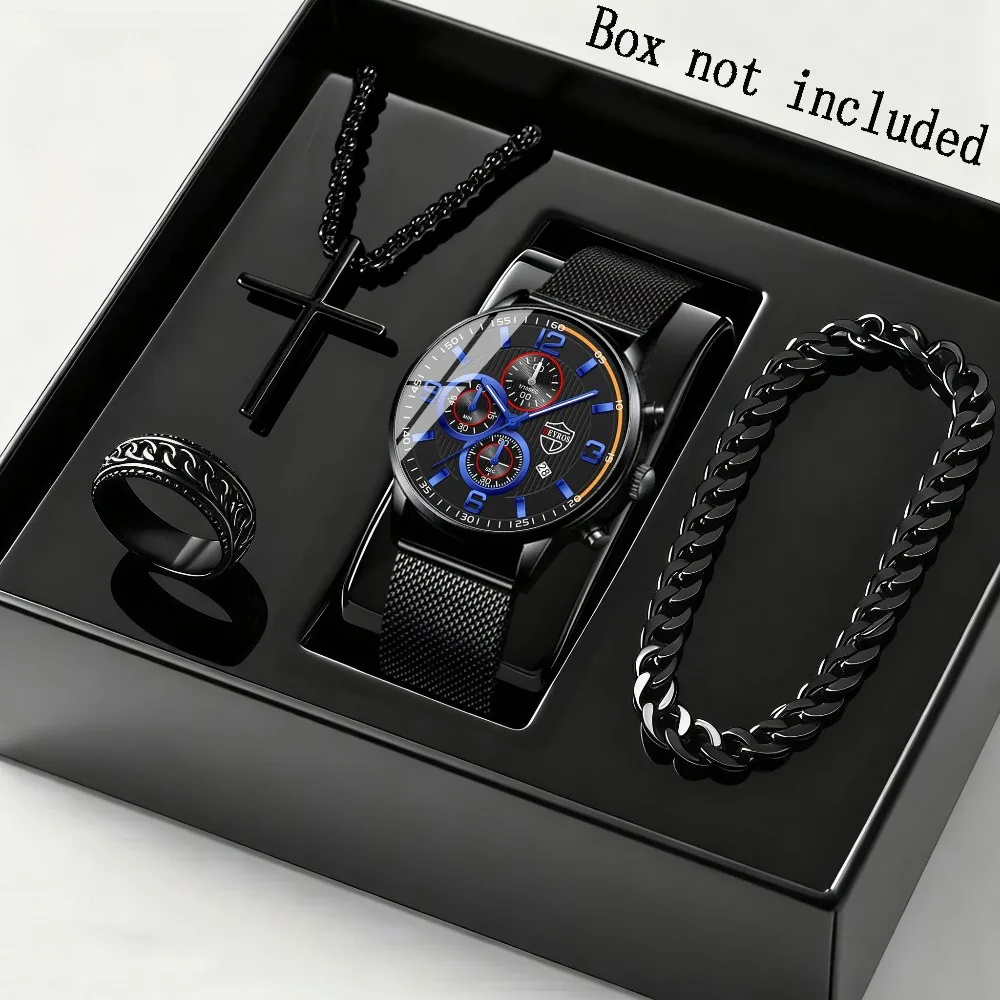 4pcs/ Set Men'S Stainless Steel Quartz Watch & Jewelry Set | Casual Watch | Business Watch | Bracelet for Men | Cross Necklace