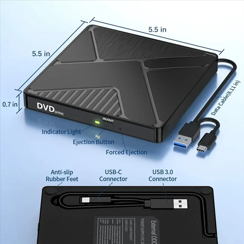 2-in-1 USB 3.0 Typ-C Externes DVD RW ROM CD-Laufwerk Optisches Laufwerk für Laptop Desktop-Computer Tragbarer DVD-Brenner – Detail 6