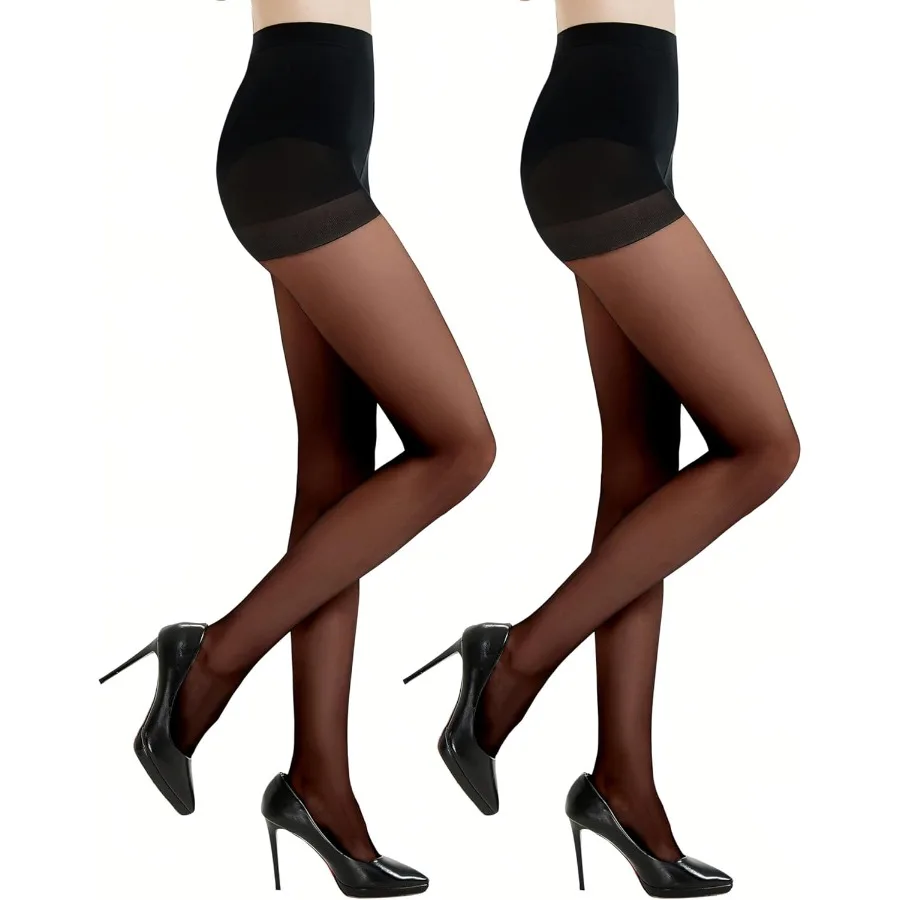 

2 Pairs Women's Black Tights 20D Silky Control Top Pantyhose for Reinforced Toes Smooth Durable for Everyday Wear and Formal Ou