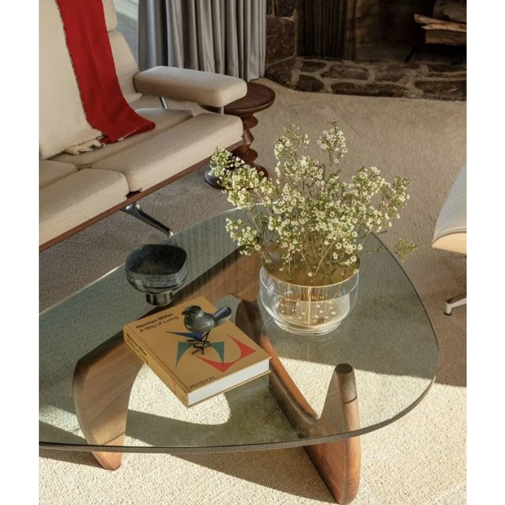 

Triangle Glass Coffee Table with Solid Wood Base, Vintage Clear Glass Top Modern Design for Living Room, Patio, Study, Light Wal