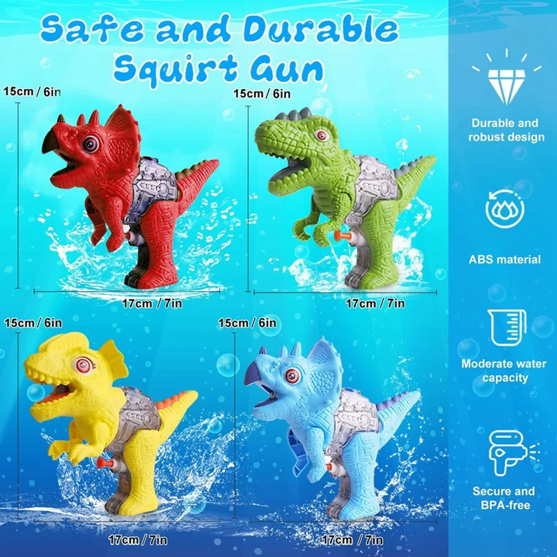 Pequeños pistolas de agua de dinosaurio, juegos de lucha contra el agua para niños y niñas pequeños en el césped de la piscina