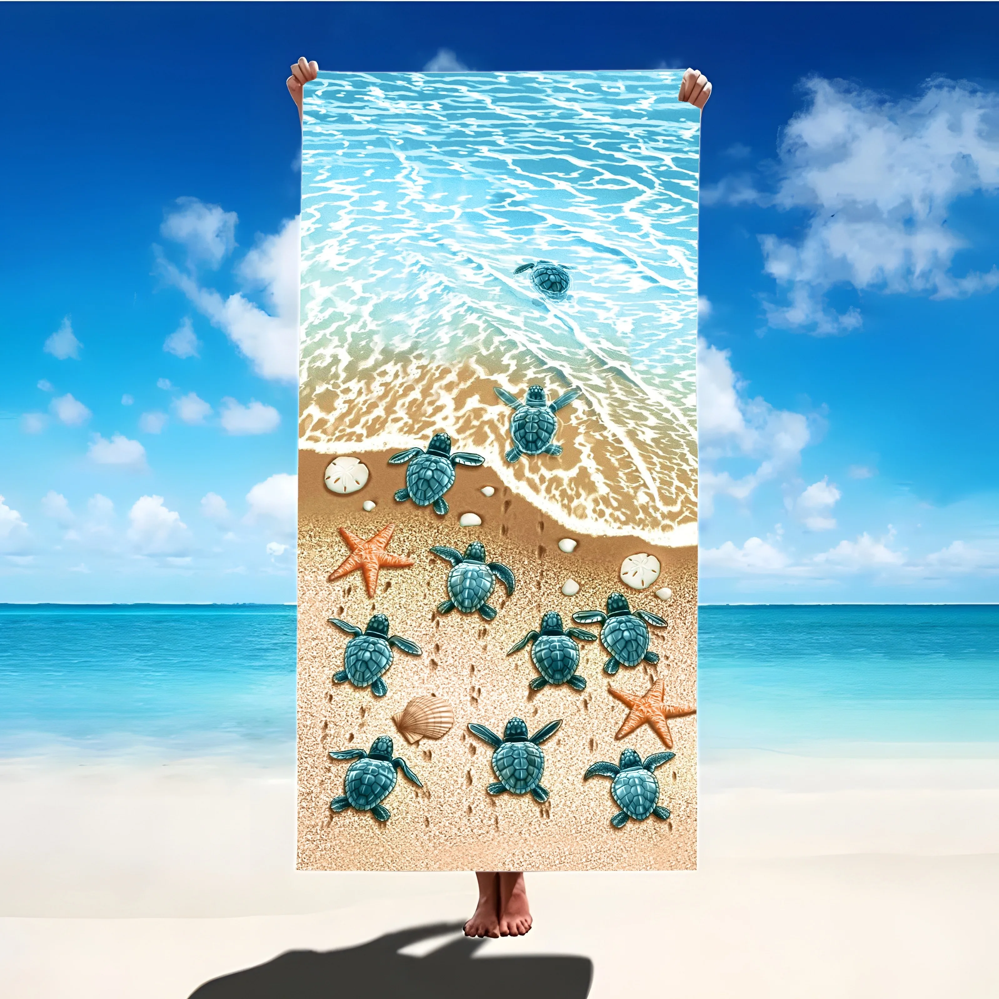 1pc, Oversized Microfiber Beach Towel with Cute Sea Stars and Turtles Graphic Pattern - Lightweight and Modern