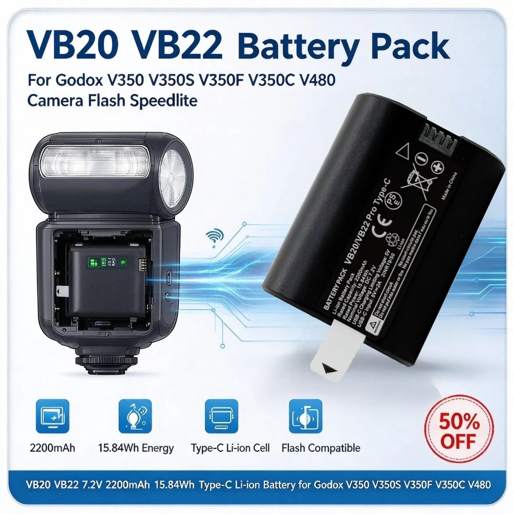 VB20 VB22 7.2V 2200mAh 15.84Wh Type-C Li-ion Battery Replacement for Godox V350 V350S V350F V350C V480 Camera Flash Speedlite