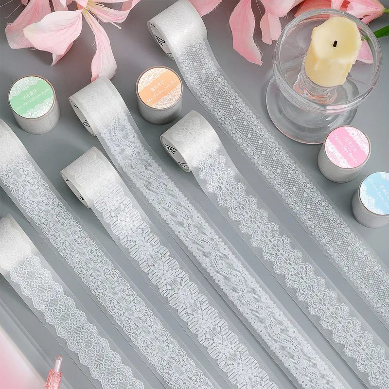 1Pc Aesthetic Vellum Lace Washi Tape, Romantic Hollow Lace Pattern Masking Tape for Journal Decoration