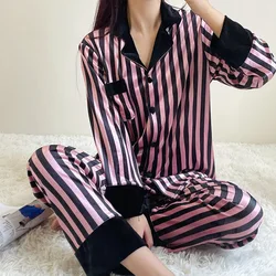 Damen Pyjama Sets Frühling Herbst 2 Stück gestreiften Pyjama Faux Seide Satin Nachtwäsche Langarm Knopf Pijama Mujer Pyjs Homewear