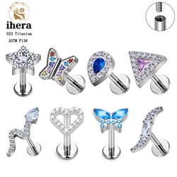 G23 Titanium Butterfly Heart Shape Piercing Ear Stud 16G CZ Tragus Cartilage Helix Conch Pierc Stud Earrings Women Body Jewelry