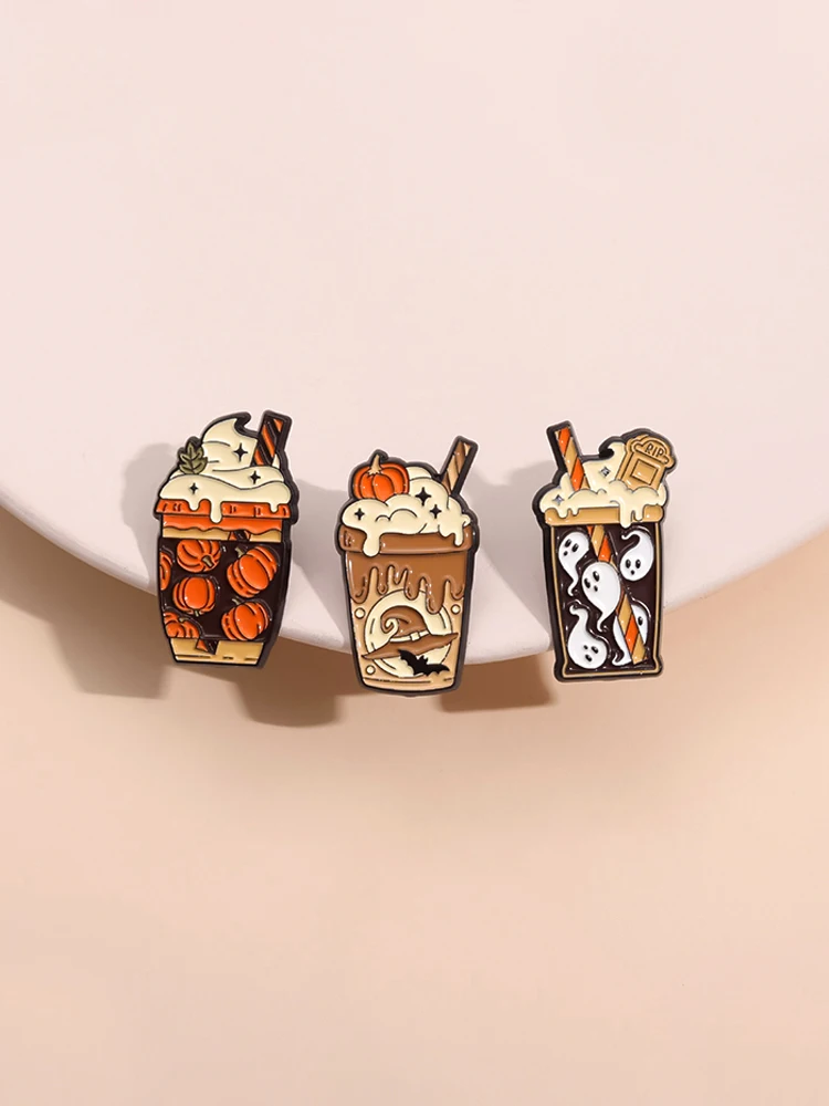 Épingles en émail à clicks de la Aliments fantôme, broches en métal créatives, insigne de revers d'Halloween, thé au lait, crème glacée, bijoux cadeaux pour enfants et amis