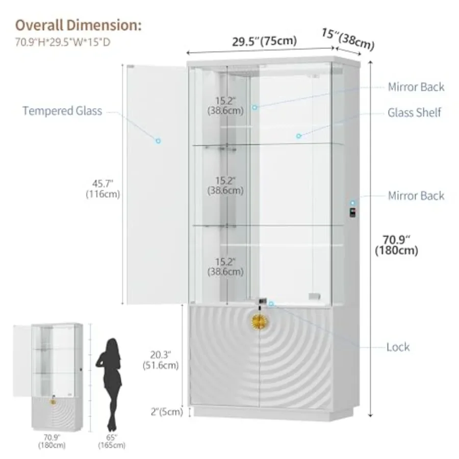 Display Cabinet 71 Inch Lockable Cabinet with Clear Glass Doors for living room, tempered glass, transparent, secure locking me
