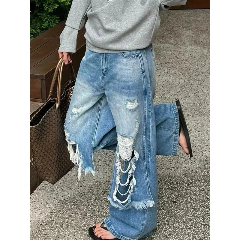 

Women Streetwear Trashy Vintage Ripped Jeans Patchwork Fit Y2K Wide Leg Pants American Retro Baggy Hollow Out Denim Trousers