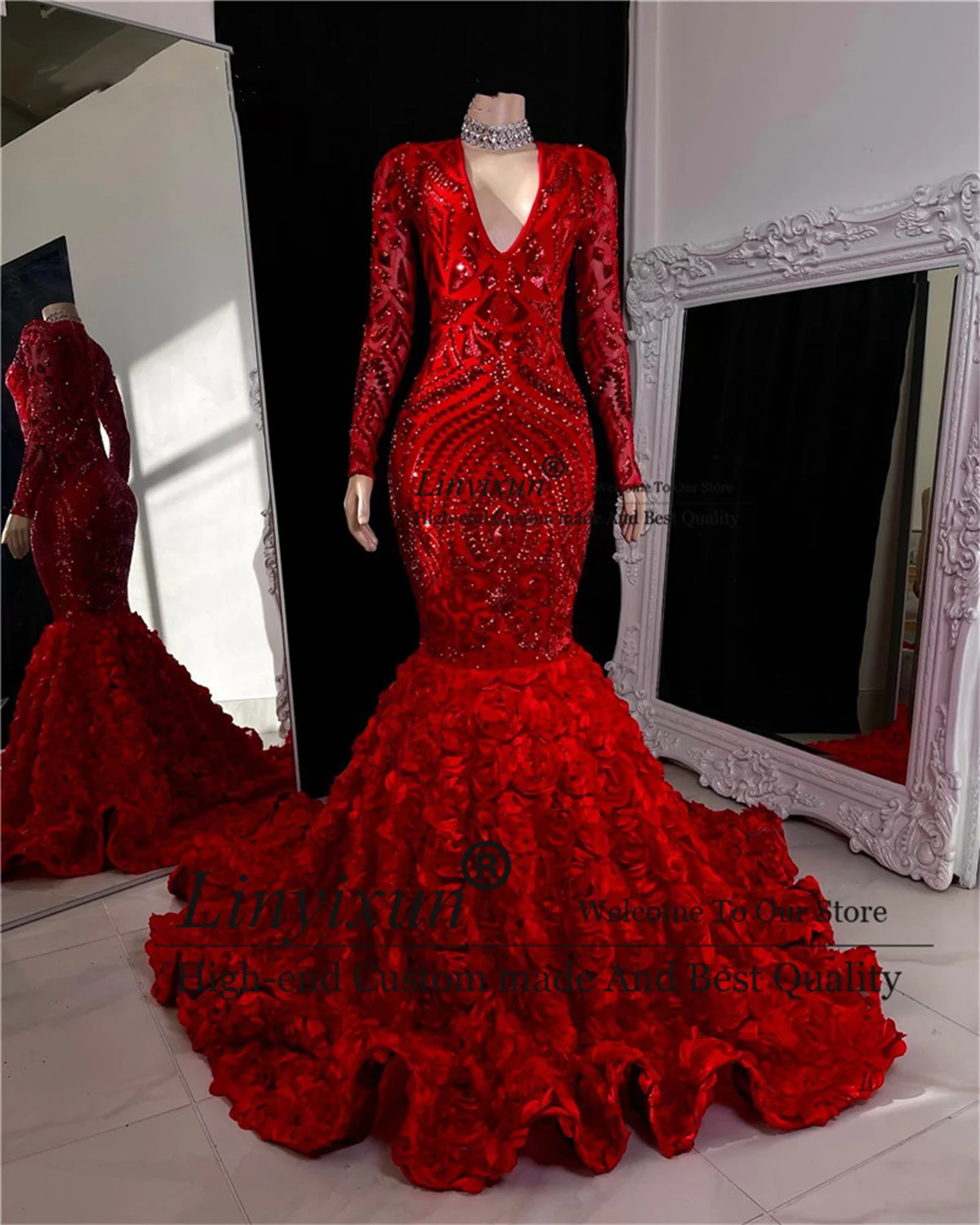 Sparkly Red Mermaid Prom Dresses With Sequined Beaded Formal Evening Gowns For Black Girl Ruffles Court Train Robes De Soirée