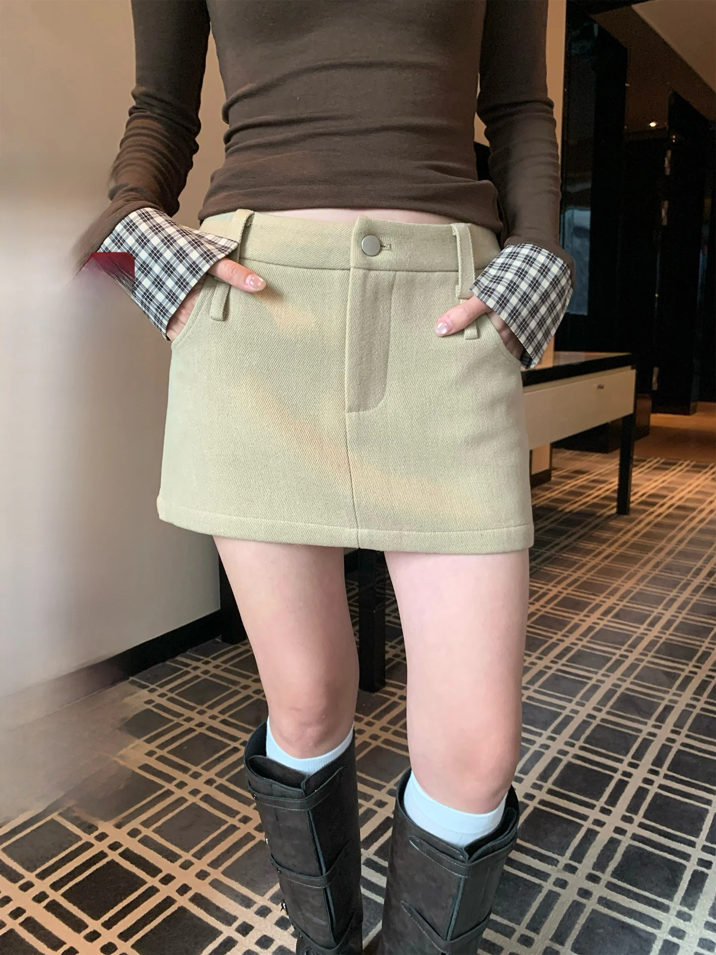 

Winter Khaki Woolen A-Line Skirt Women's High Waist Slim Fit Casual Sle with Inner Asymmetrical Polyester Blend