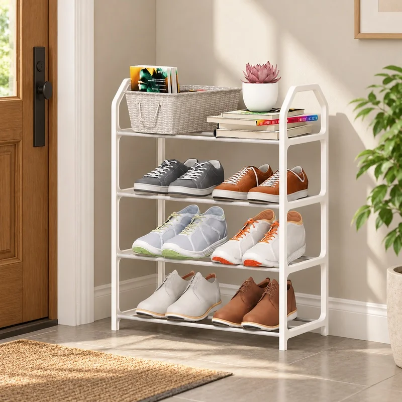Space-Saving 4-Level Shoe Rack with Angled Metal Frame for Home Storage and Organization