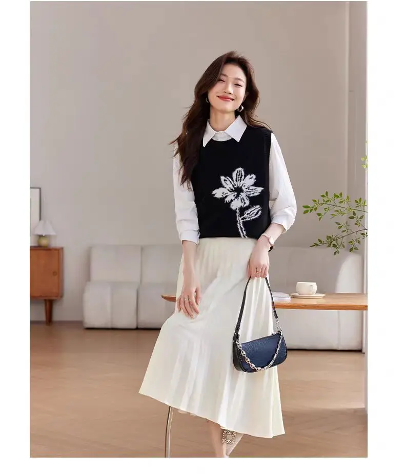 Spring and Autumn New Pure Wool Knitted Vest with Round Neck Pullover Embroidered Flower Design, Simple and Fashionable