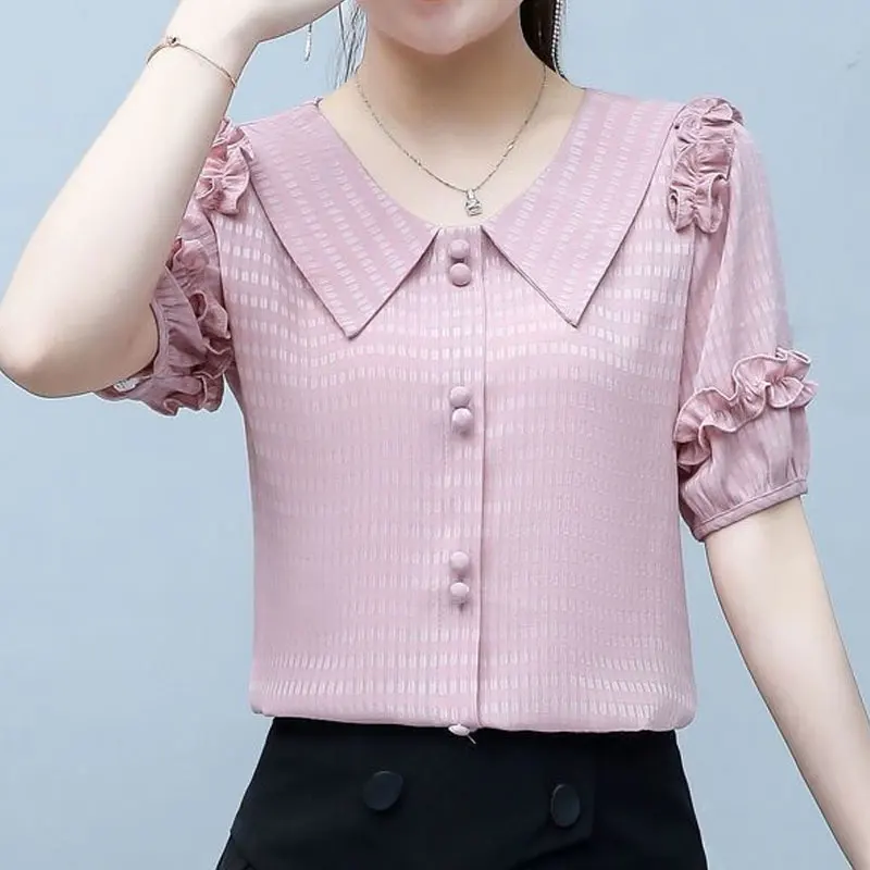 Sweet Peter Pan Collar Shirt Summer Fashion Ruffles Spliced Women\'s Clothing Plaid Solid Color Straight Commute Button Blouse