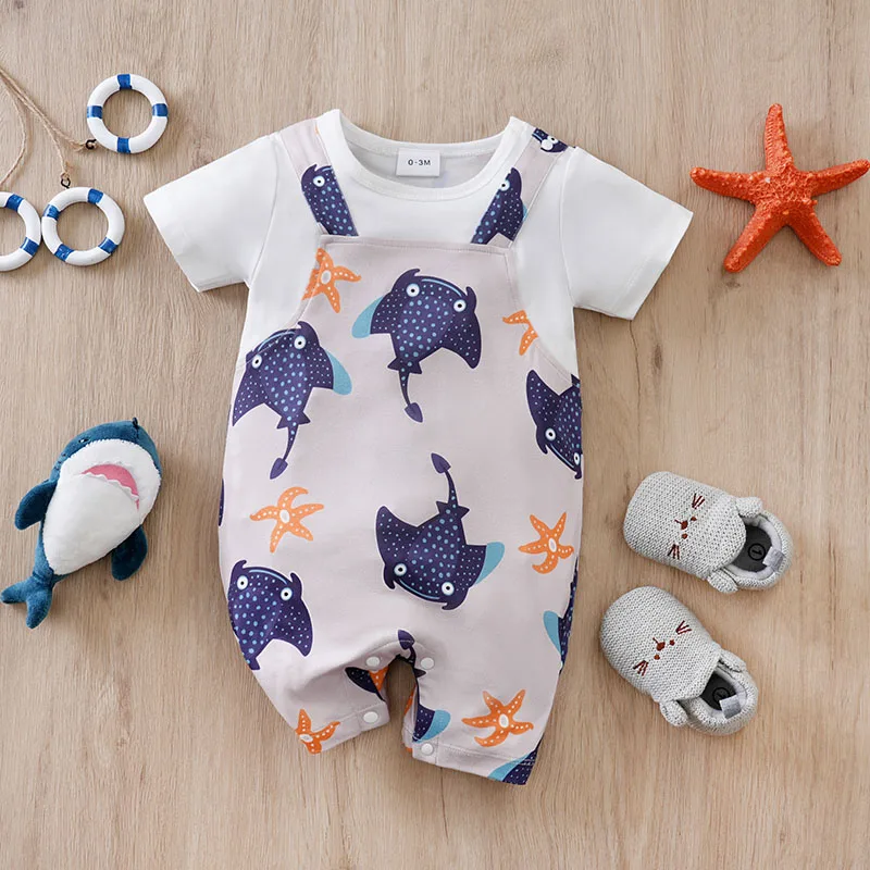 Newborn Baby Boys Jumpsuit Costume Romper Onesies Short Sleeve Print Clothes Summer Round Neck Outdoor Sport Toddler 0-18 Months