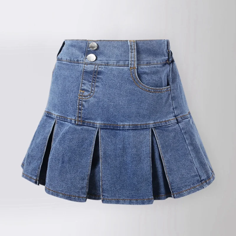 Summer Girls Blue Pleated Denim Short Skirt Korean VersionNew Children's Fashionable A-Line Half Skirt