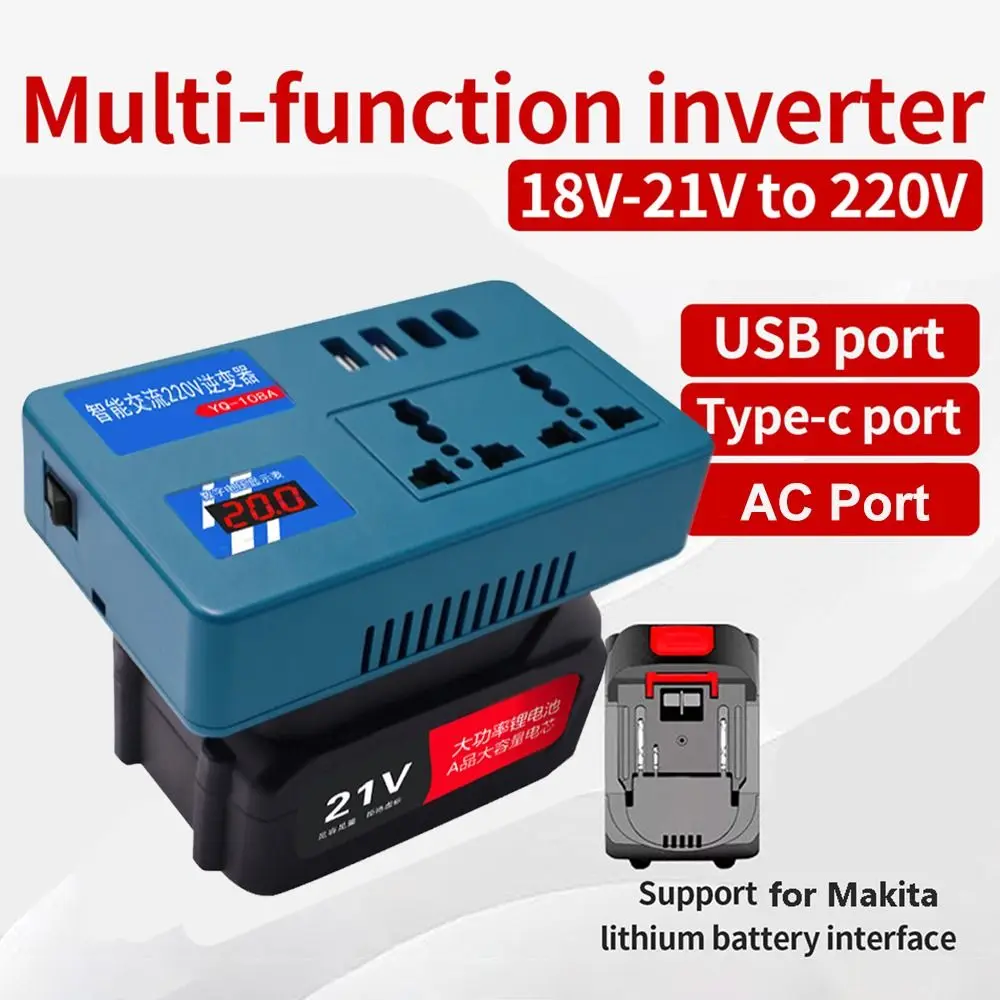 DC 21V To AC 180V-220V Battery Power Inverter Digital Voltage Display 120W Portable Power Inverter for Makita 18V Battery
